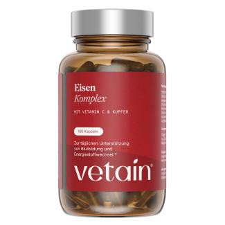 Vetains Eisenkomplex Kapseln in einer nachhaltigen, hochwertigen Glasverpackung.