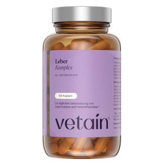 Vetains Leberkomplex Kapseln in einer nachhaltigen, hochwertigen Glasverpackung.