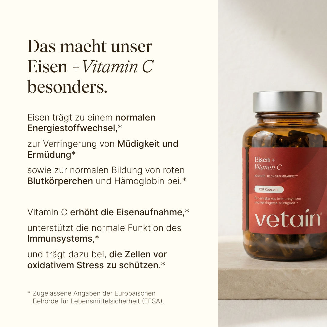 Vetain Eisen + Vitamin C Supplement.  Eisen trägt zu einem normalen Energiestoffwechsel bei, zur Verringerung von Müdigkeit und Ermüdung, zur normalen Bildung von roten Blutkörperchen und Hämaglobin. Vitamin C erhöht die Eisenaufnahme, unterstützt das Immunsystem und schützt Zellen vor oxidativem Stress