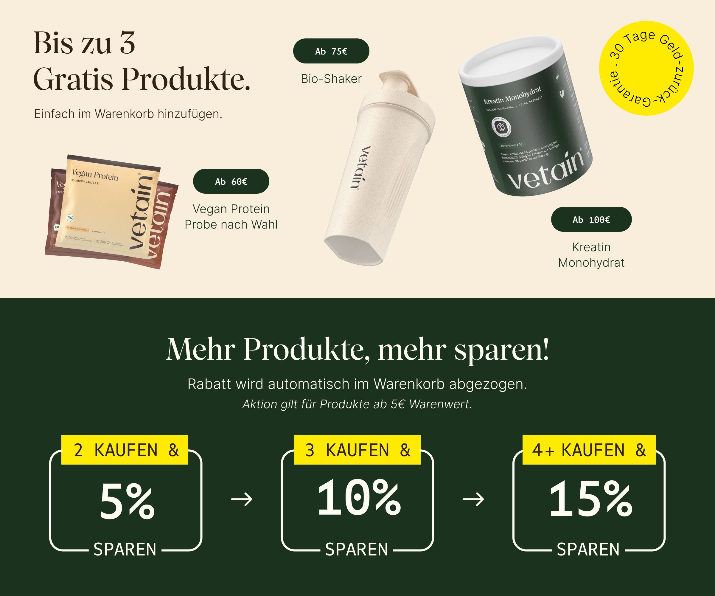 Vetains Stufensystem mit bis zu 3 gratis Produkten. Einfach im Warenkorb hinzufügen. Ab 60€ gratis vegan Protein Probe nach Wahl, ab 75€ gratis Bio Shaker, ab 100€ gratis Kreatin Monohydrat. 30 Tage Geld-zurück-Garantie. Zusätzlich: Staffelrabatt mit bis zu 15% ab 4 gekauften Produkten