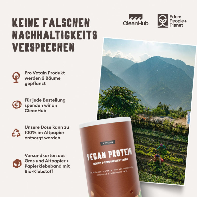 Vetain Vegan Protein Haselnuss Nachhaltigkeitsversprechen