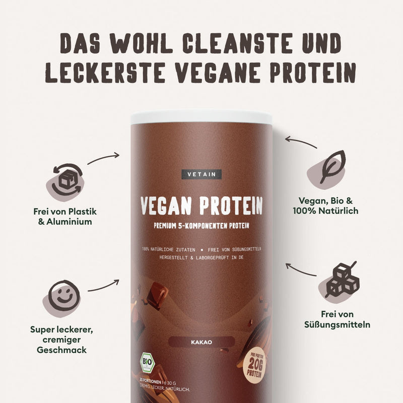 Vetain Vegan Protein Kakao vegan, Bio, rei von Süßungsmitteln