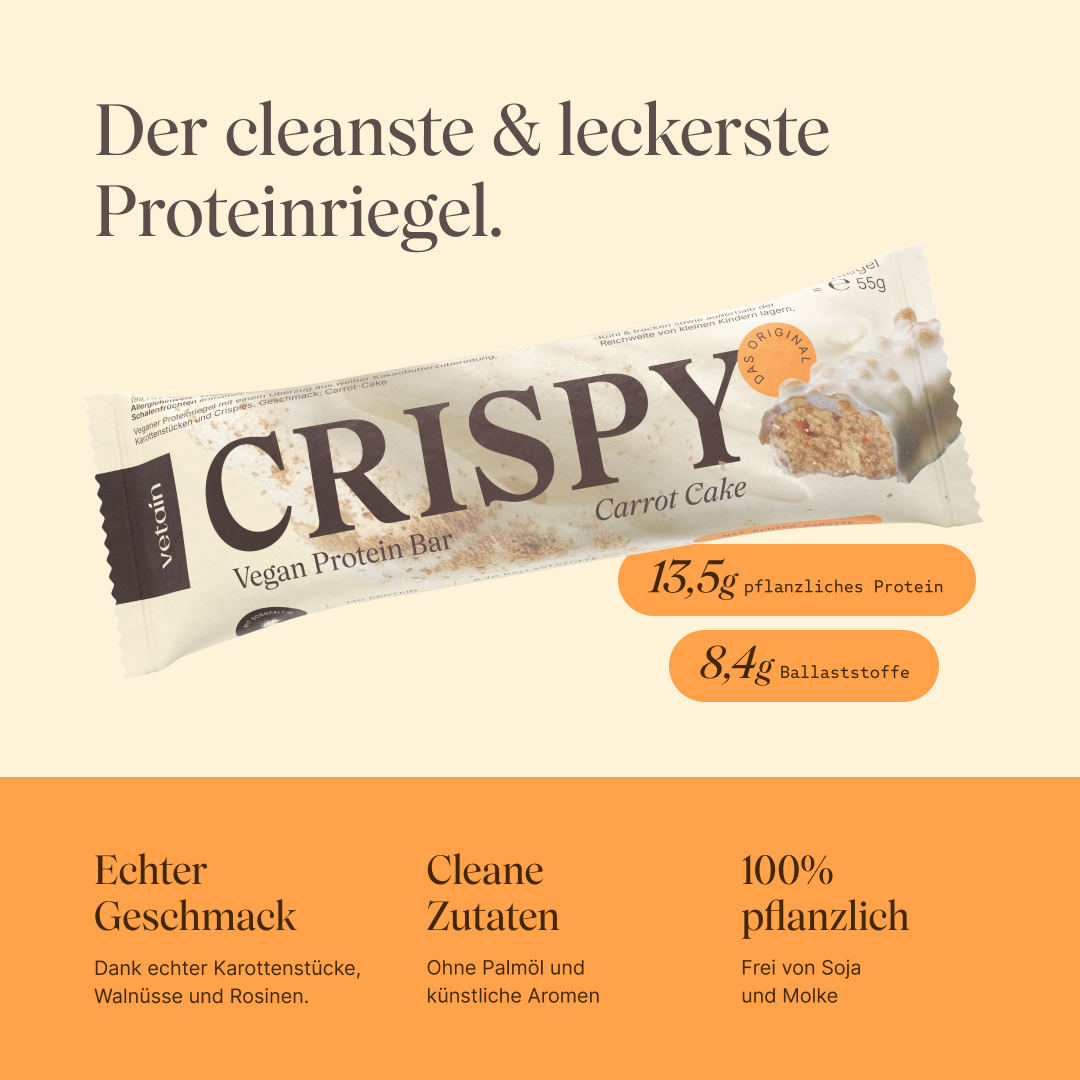 Crispy Proteinriegel von Vetain mit 13,5g pflanzlichem Protein, 9,4g Ballaststoffe, Echter Geschmack dank echter Karottenstücke, Walnüsse und Rosinen, cleane Zutaten ohne Palmöl und künstliche Aromen, 100% pflanzlich und frei von Soja und Molke