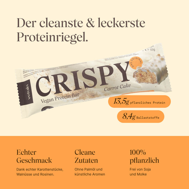 Crispy Proteinriegel von Vetain mit 13,5g pflanzlichem Protein, 9,4g Ballaststoffe, Echter Geschmack dank echter Karottenstücke, Walnüsse und Rosinen, cleane Zutaten ohne Palmöl und künstliche Aromen, 100% pflanzlich und frei von Soja und Molke