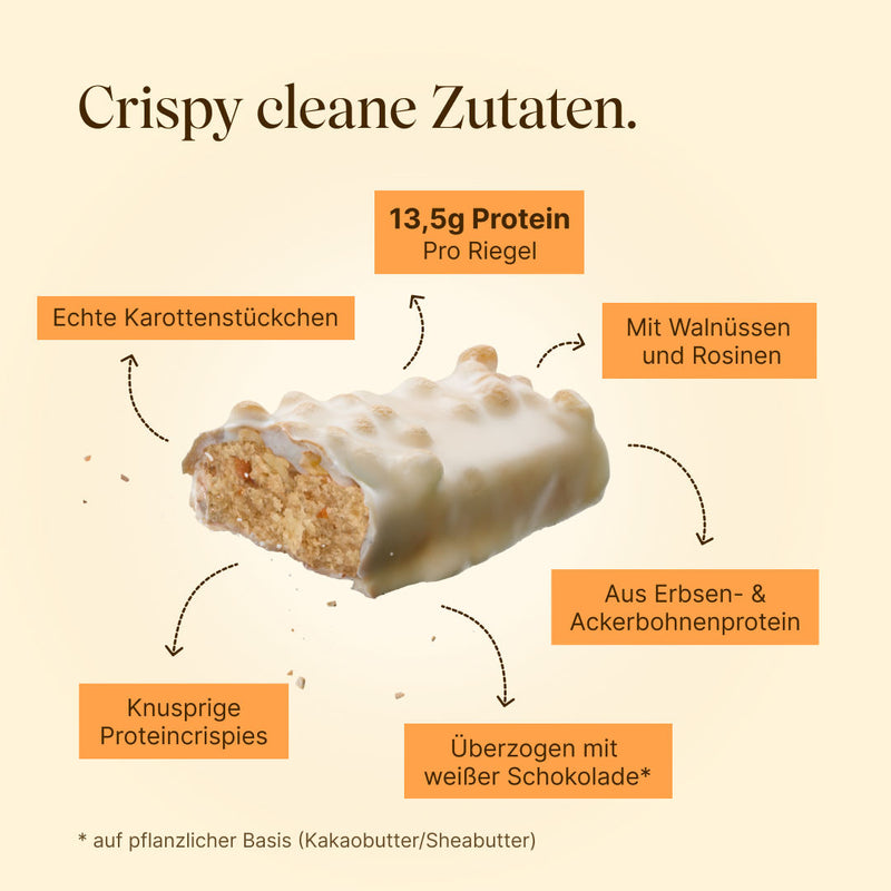 Crispy Proteinriegel von Vetain. Crispy cleane Zutaten. Saftige Karottenstückchen, 13,5g Protein pro Riegel, Mit Walnüssen und Rosinen, Knusprige Proteincrispies, Überzogen mit zarter veganer weißer Schokolade, aus Erbsen- und Ackerbohnenprotein