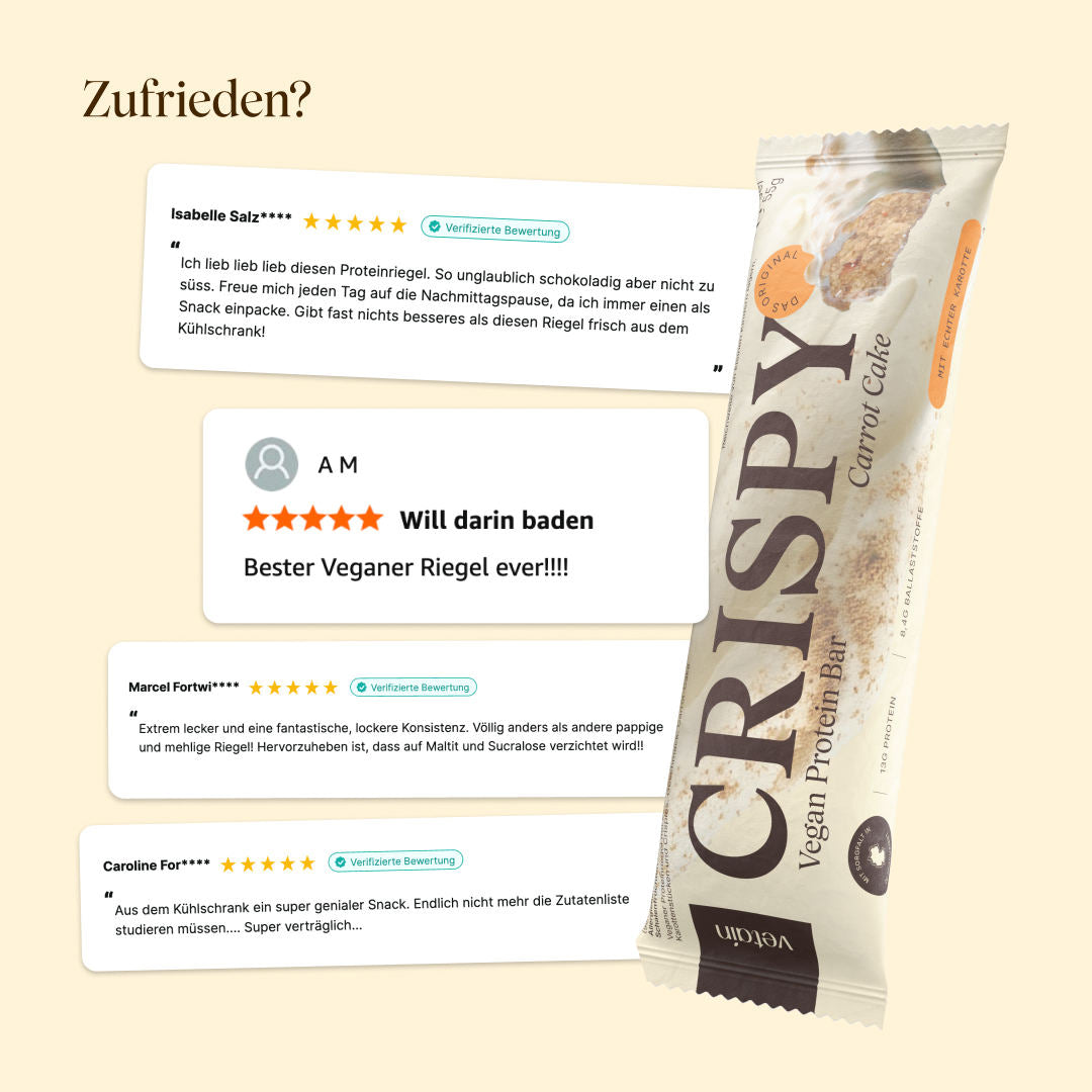 Glückliche und zufriedene Kundenbewertungen über den Crispy Proteinriegel von Vetain