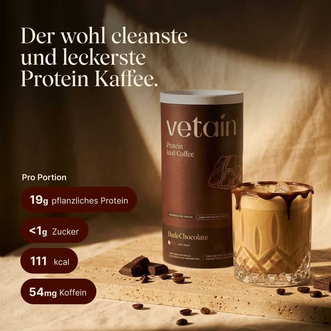 Protein Iced Coffee Dark Chocolate: Der cleanste und leckerste Protein Kaffee. Nährwertangaben pro Portion. Vollständiges Aminosäureprofil.
