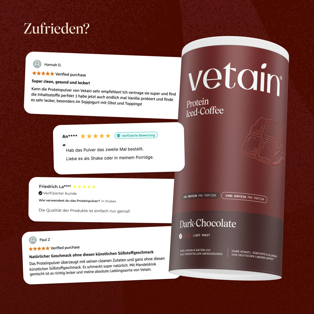 Glückliche Kundenbewertungen von Vetain. Zufriedene Social Media Kommentare und Bewertungen über das vegane Proteinpulver von Vetain.