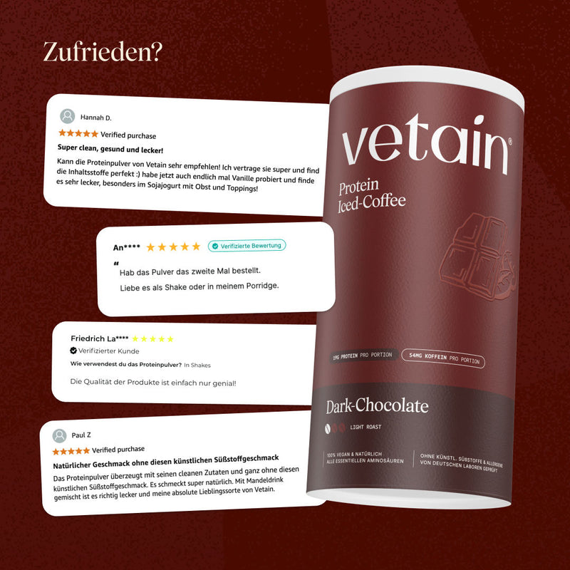 Glückliche Kundenbewertungen von Vetain. Zufriedene Social Media Kommentare und Bewertungen über das vegane Proteinpulver von Vetain.