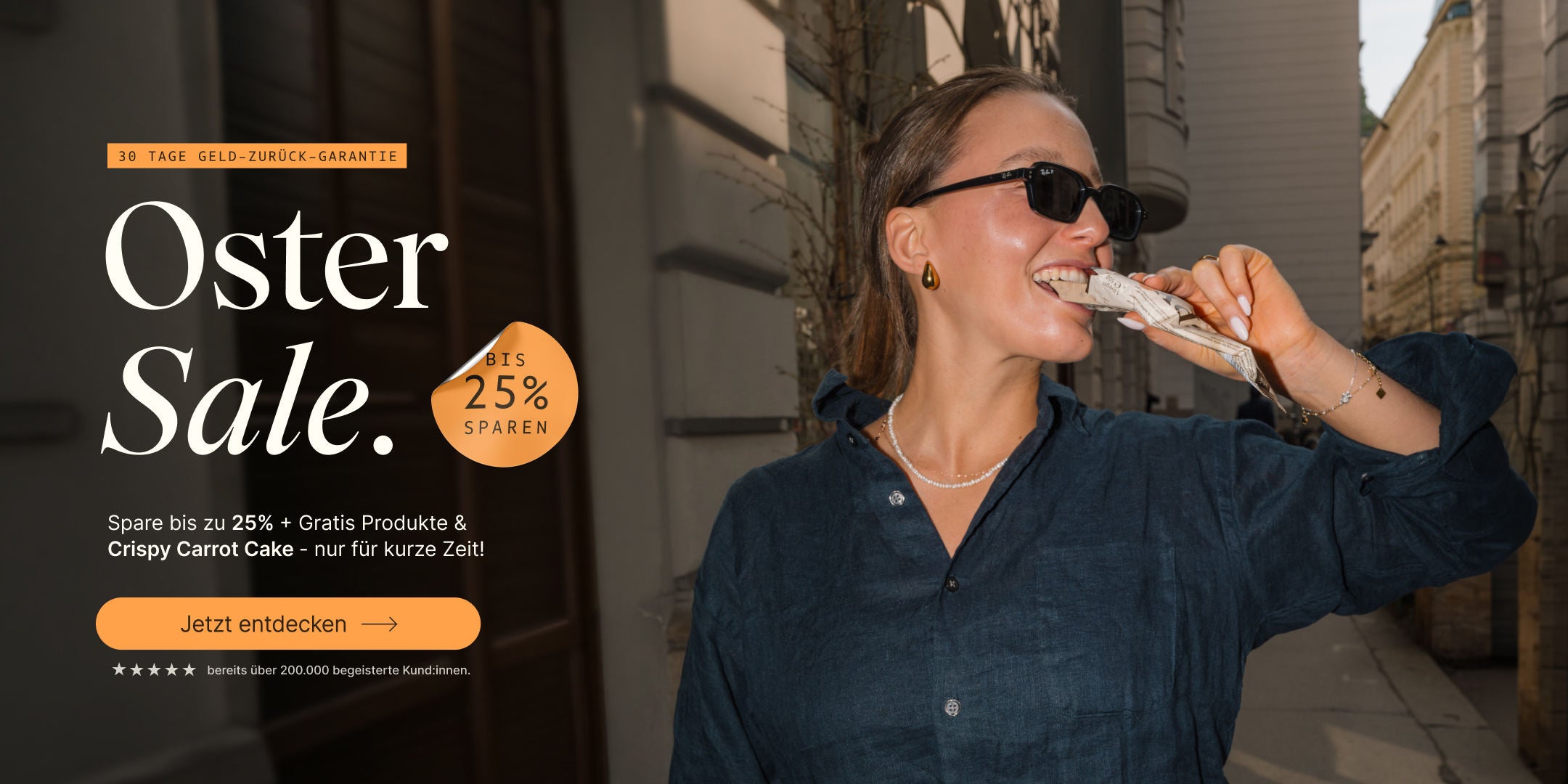 Oster Sale bei Vetain mit bis zu 25% Rabatt. Gratis Produkte je nach Einkaufswert. Neuer limitierter Crispy Carrot Cake Proteinriegel. 30 Tage Geld-zurück-Garantie. 
Influencerin Maria Maas isst einen Crispy Proteinriegel.