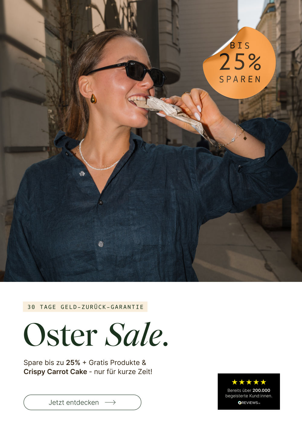 Oster Sale bei Vetain mit bis zu 25% Rabatt. Gratis Produkte je nach Einkaufswert. Neuer limitierter Crispy Carrot Cake Proteinriegel. 30 Tage Geld-zurück-Garantie. 
Influencerin Maria Maas isst einen Crispy Proteinriegel.