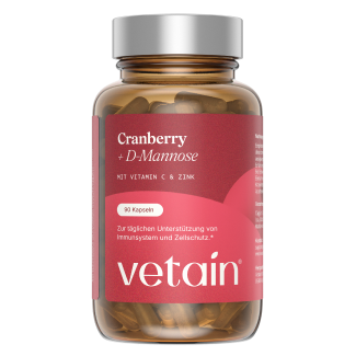 Vetains Cranberry + D-Mannose Kapseln in einer nachhaltigen, hochwertigen Glasverpackung.