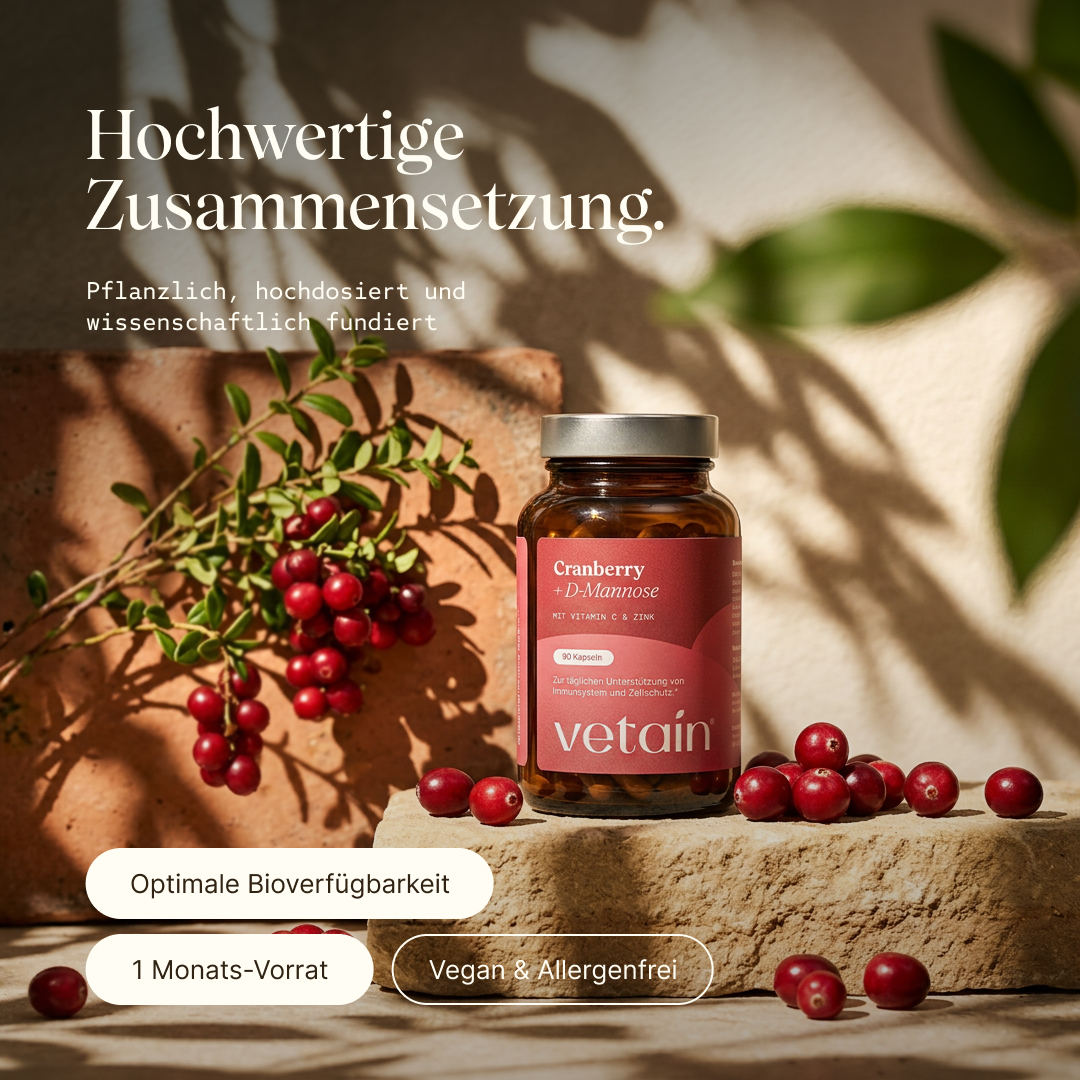 Glas mit Vetains Cranberry + D‑Mannose Kapseln auf einem Stein, umgeben von Cranberries und Zweigen. Vegane, allergenfreie Kapseln mit optimaler Bioverfügbarkeit, 1 Monats-Vorrat – ideal für deine tägliche Routine und ein inneres Gleichgewichts im unteren Bauchbereich.
