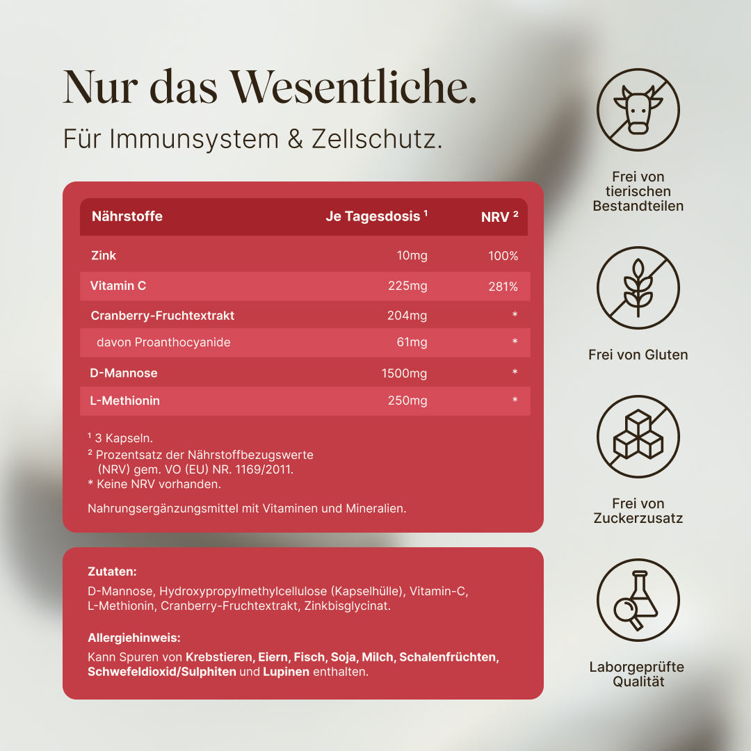 Zusammensetzung von Vetains Cranberry + D-Mannose Kapseln. Cleane Zutaten, ohne Gluten, Zuckerzusatz, vegan und laborgeprüfte Qualität. Cranberry-Fruchtextrakt mit Zink, Vitamin C, D-Mannose und L-Methionin zur gezielten Ergänzung der Ernährung im sensiblen Unterbauch-Bereich. 