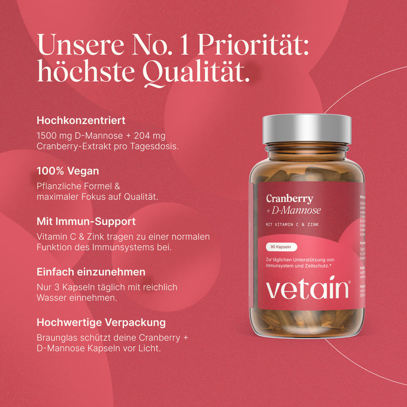 Vetain Cranberry + D-Mannose Capsules with Vitamin C & Zinc (90 capsules, amber glass). Heading “Our No. 1 Priority: Highest Quality”. Features: highly concentrated (1500 mg D-mannose + 204 mg cranberry extract per daily dose), 100% vegan, with immune support (vitamin C & zinc contribute to the normal function of the immune system), easy to take (3 capsules daily), high-quality amber glass packaging.