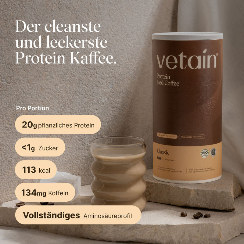 Protein Iced Coffee Classic: Der cleanste und leckerste vegane Protein Kaffee. Nährwertangaben pro Portion. Vollständiges Aminosäureprofil.
