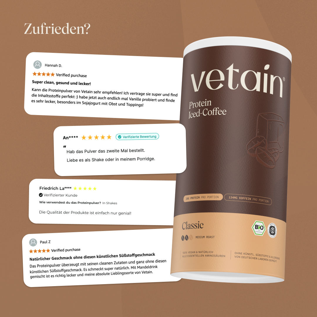 Glückliche Kundenbewertungen von Vetain. Zufriedene Social Media Kommentare und Bewertungen über das vegane Proteinpulver von Vetain.