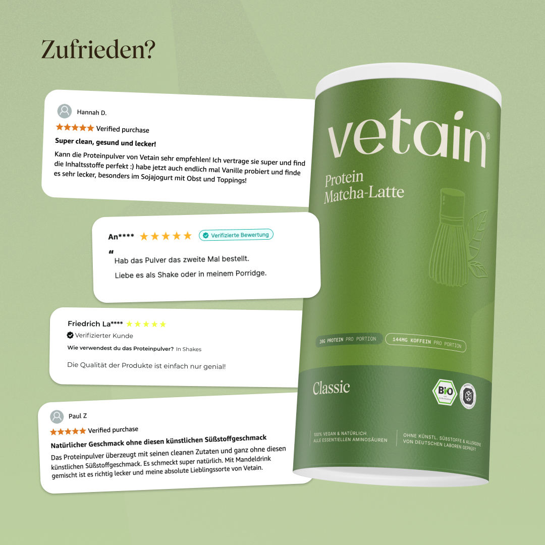 Glückliche Kundenbewertungen von Vetain. Zufriedene Social Media Kommentare und Bewertungen über das vegane Proteinpulver von Vetain.