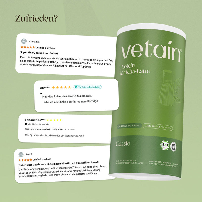 Glückliche Kundenbewertungen von Vetain. Zufriedene Social Media Kommentare und Bewertungen über das vegane Proteinpulver von Vetain.