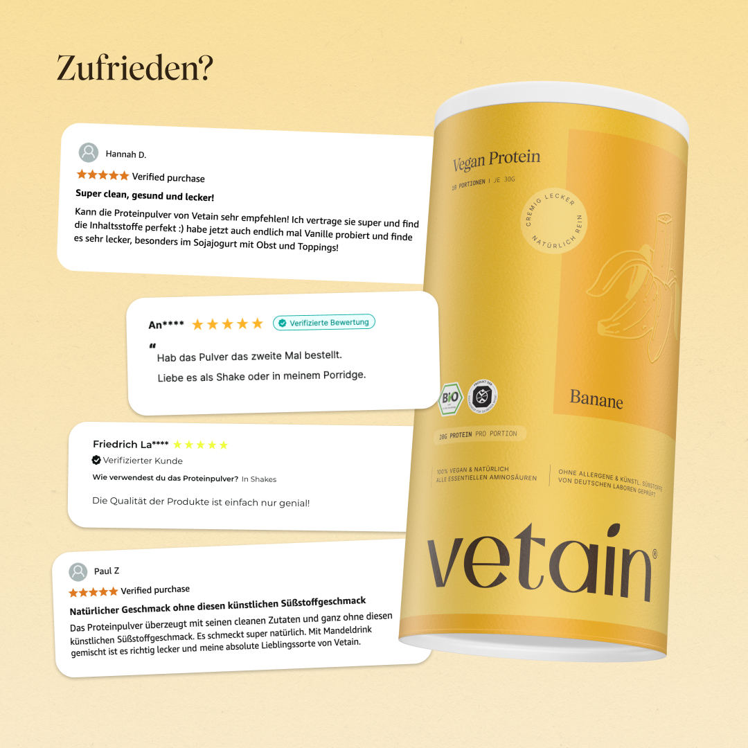 Happy customer reviews of Vetain. Satisfied social media comments and reviews about Vetain's vegan banana protein powder.