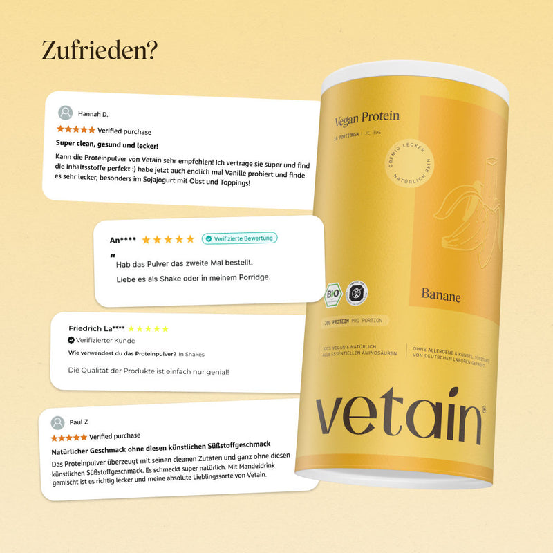 Happy customer reviews of Vetain. Satisfied social media comments and reviews about Vetain's vegan banana protein powder.