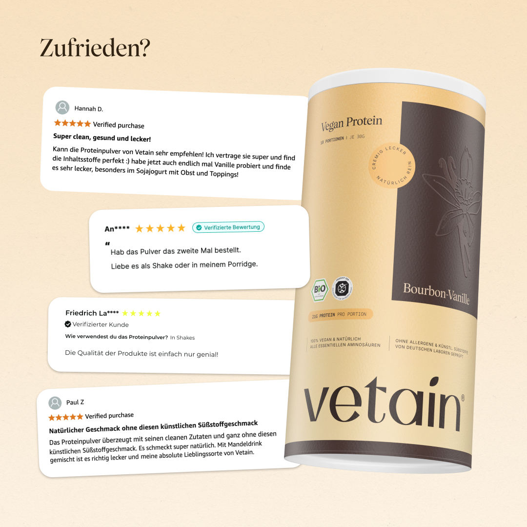 Glückliche Kundenbewertungen von Vetain. Zufriedene Social Media Kommentare und Bewertungen über das vegane Proteinpulver von Vetain.