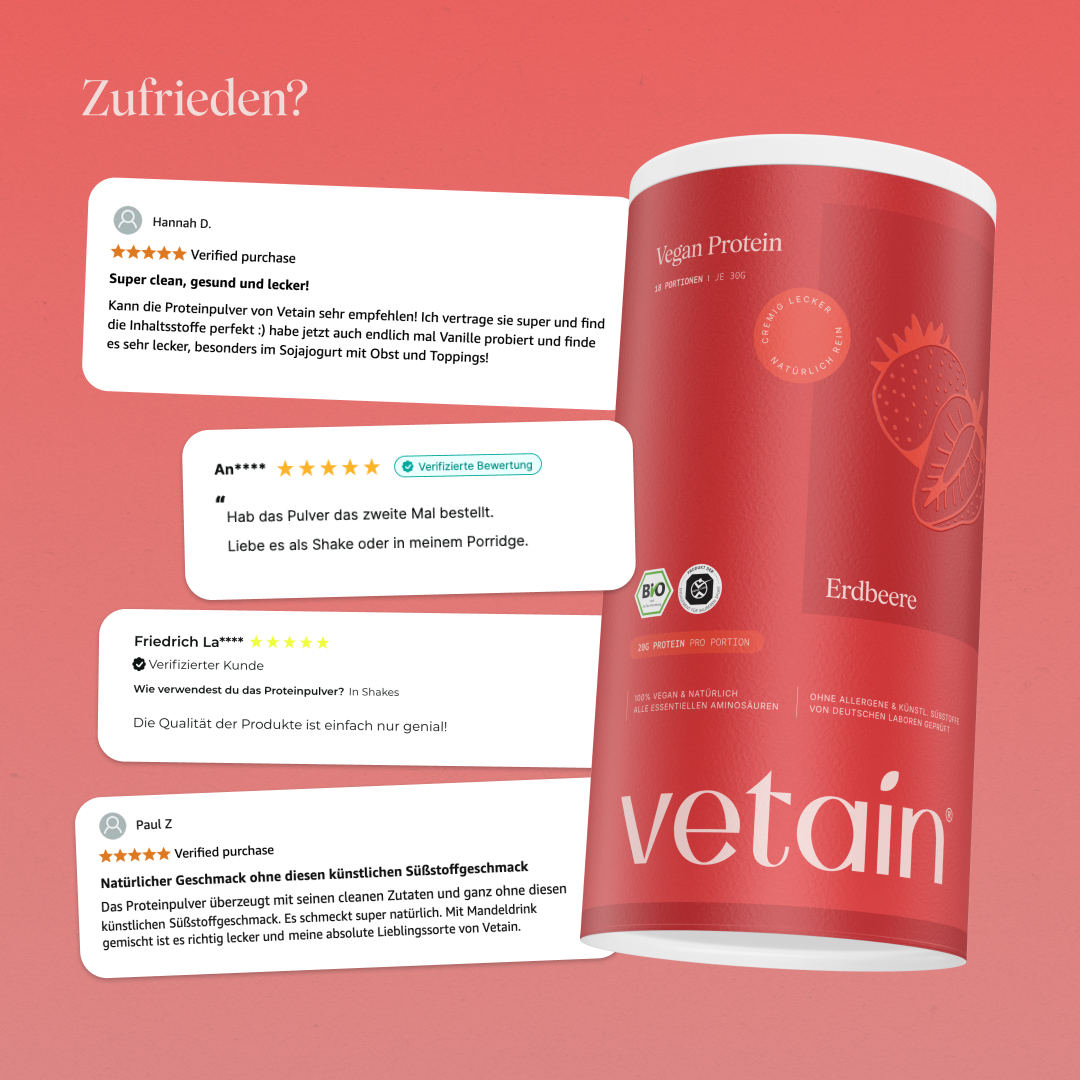 Glückliche Kundenbewertungen von Vetain. Zufriedene Social Media Kommentare und Bewertungen über das vegane Proteinpulver von Vetain.