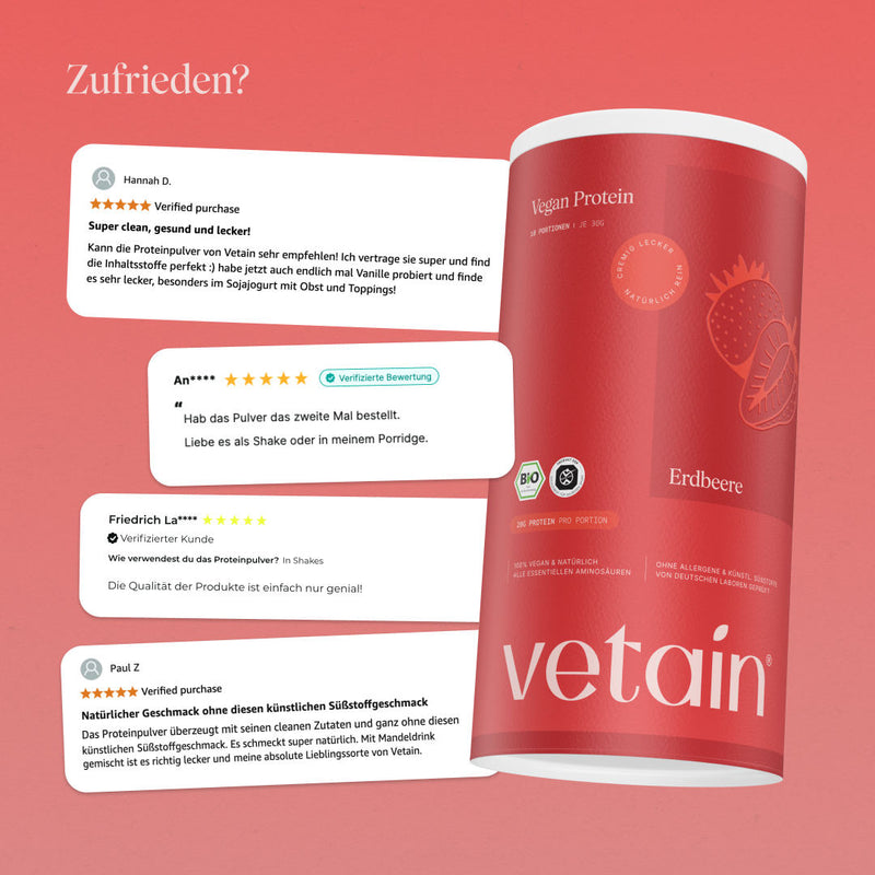 Glückliche Kundenbewertungen von Vetain. Zufriedene Social Media Kommentare und Bewertungen über das vegane Proteinpulver von Vetain.