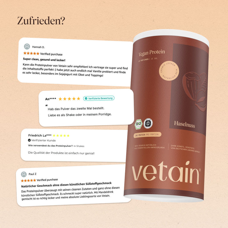 Glückliche Kundenbewertungen von Vetain. Zufriedene Social Media Kommentare und Bewertungen über das vegane Proteinpulver von Vetain.