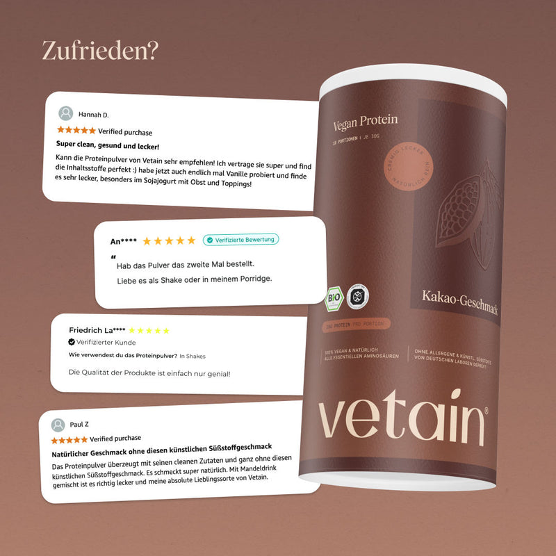 Glückliche Kundenbewertungen von Vetain. Zufriedene Social Media Kommentare und Bewertungen über das vegane Proteinpulver von Vetain.