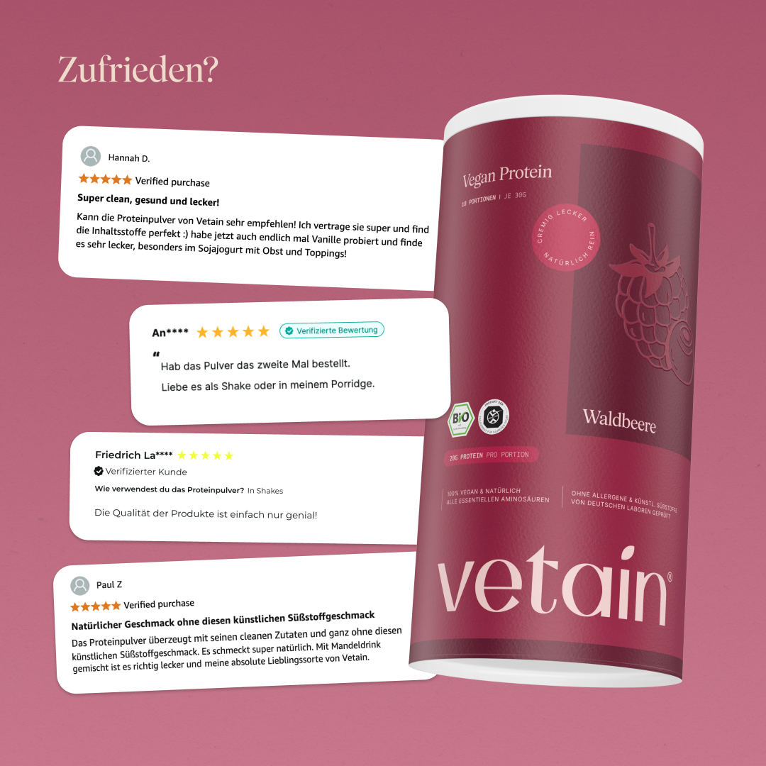Glückliche Kundenbewertungen von Vetain. Zufriedene Social Media Kommentare und Bewertungen über das vegane Proteinpulver von Vetain.