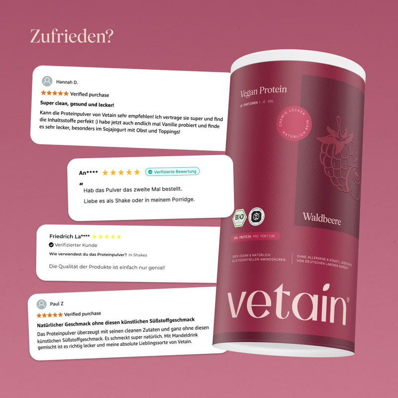 Glückliche Kundenbewertungen von Vetain. Zufriedene Social Media Kommentare und Bewertungen über das vegane Proteinpulver von Vetain.