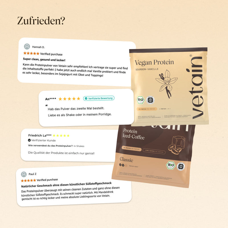 Glückliche Kundenbewertungen von Vetain. Zufriedene Social Media Kommentare und Bewertungen über das vegane Proteinpulver von Vetain.