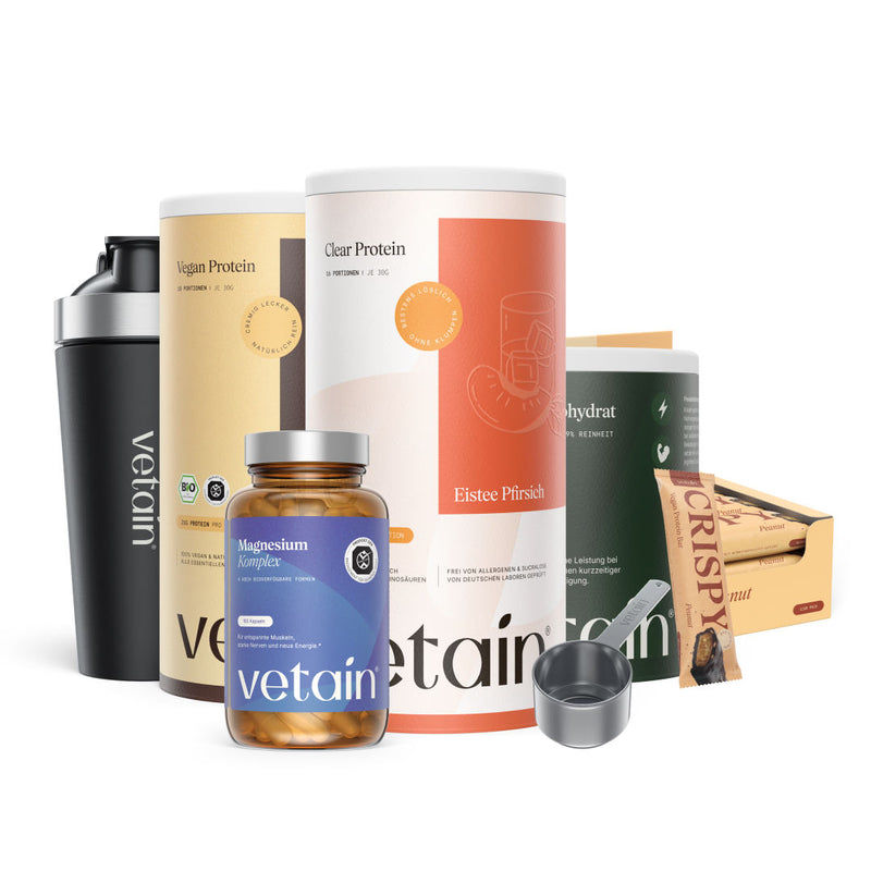 Vetain Bundle Muscle Performance. Vegan Protein, Clear Protein, Crispy Protein Bar, Creatine, Magnesium, Stainless Steel Protein Shaker, and Stainless Steel Scoop Portioning Spoon