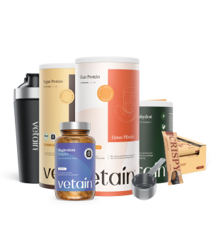 Vetain Bundle Muscle Performance. Vegan Protein, Clear Protein, Crispy Proteinriegel, Kreatin, Magnesium, Edelstahl Proteinshaker und Edelstahl Scoop Portionierlöffel