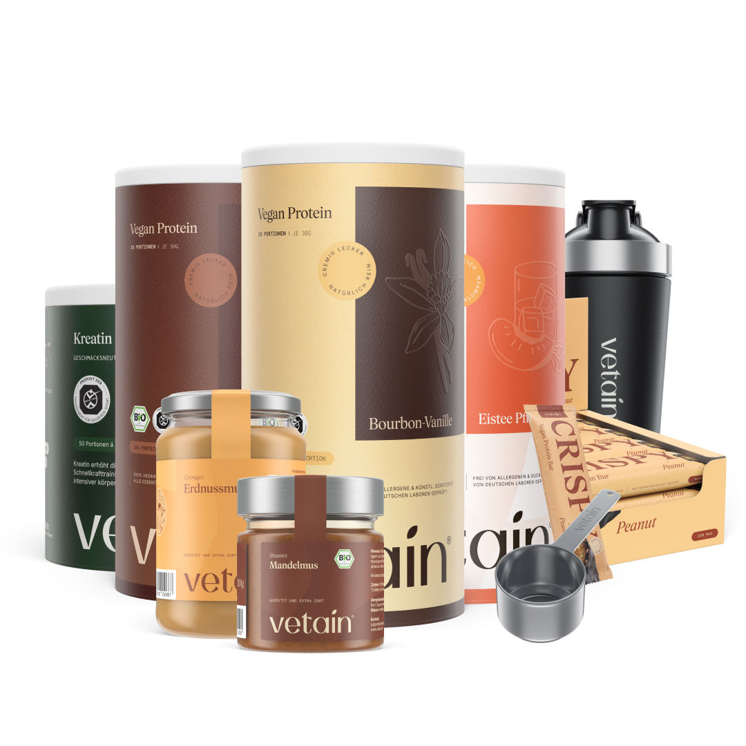 Vetain Bundle Ultimate Experience. Vegan Protein, Clear Protein, Crispy Proteinriegel, Kreatin, Nussmus, Edelstahl Proteinshaker und Edelstahl Scoop Portionierlöffel