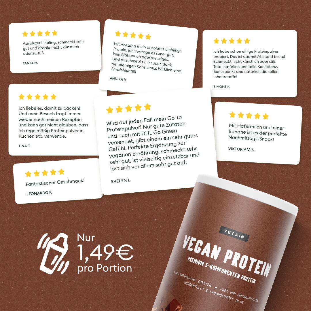 Vetain vegan Protein Kakao-Geschmack zufriedene Kundenbewertungen, nur 1,49€ pro Portion