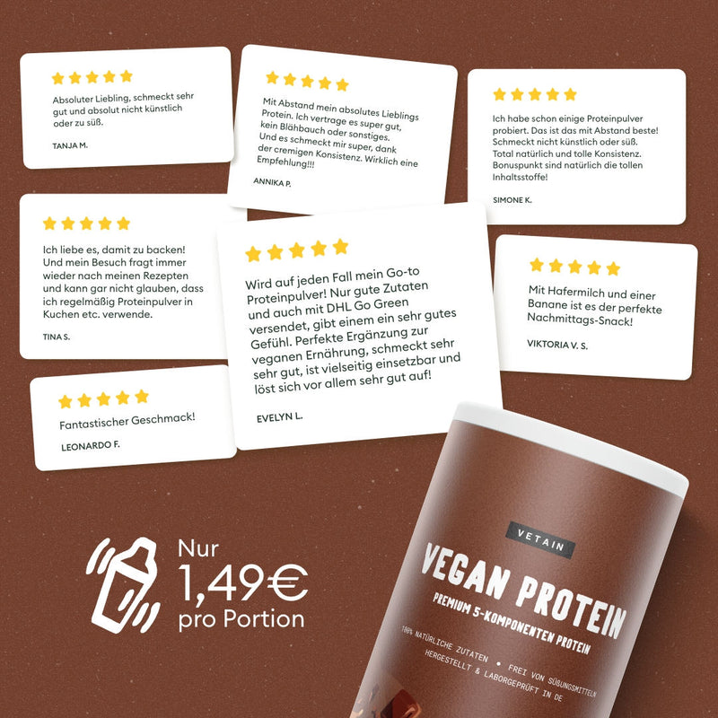 Vetain vegan Protein Kakao-Geschmack zufriedene Kundenbewertungen, nur 1,49€ pro Portion
