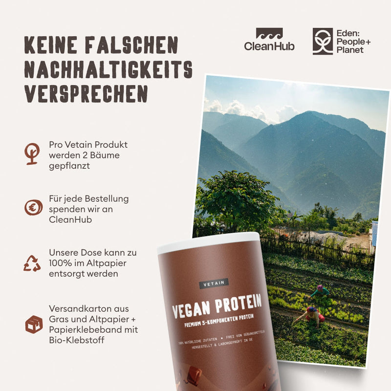 Vetain vegan Protein Kakao-Geschmack keine falschen Nachhaltigkeitsversprechen, pro Vetain Produkt werden 2 Bäume gepflanzt, für jede Bestellung spendet Vetain an CleanHub, die Dose kann zu 100% im Altpapier entsorgt werden, der Versandkarton ist aus Gras und Altpapier und hat ein Papierklebeband mit Bio-Klebstoff