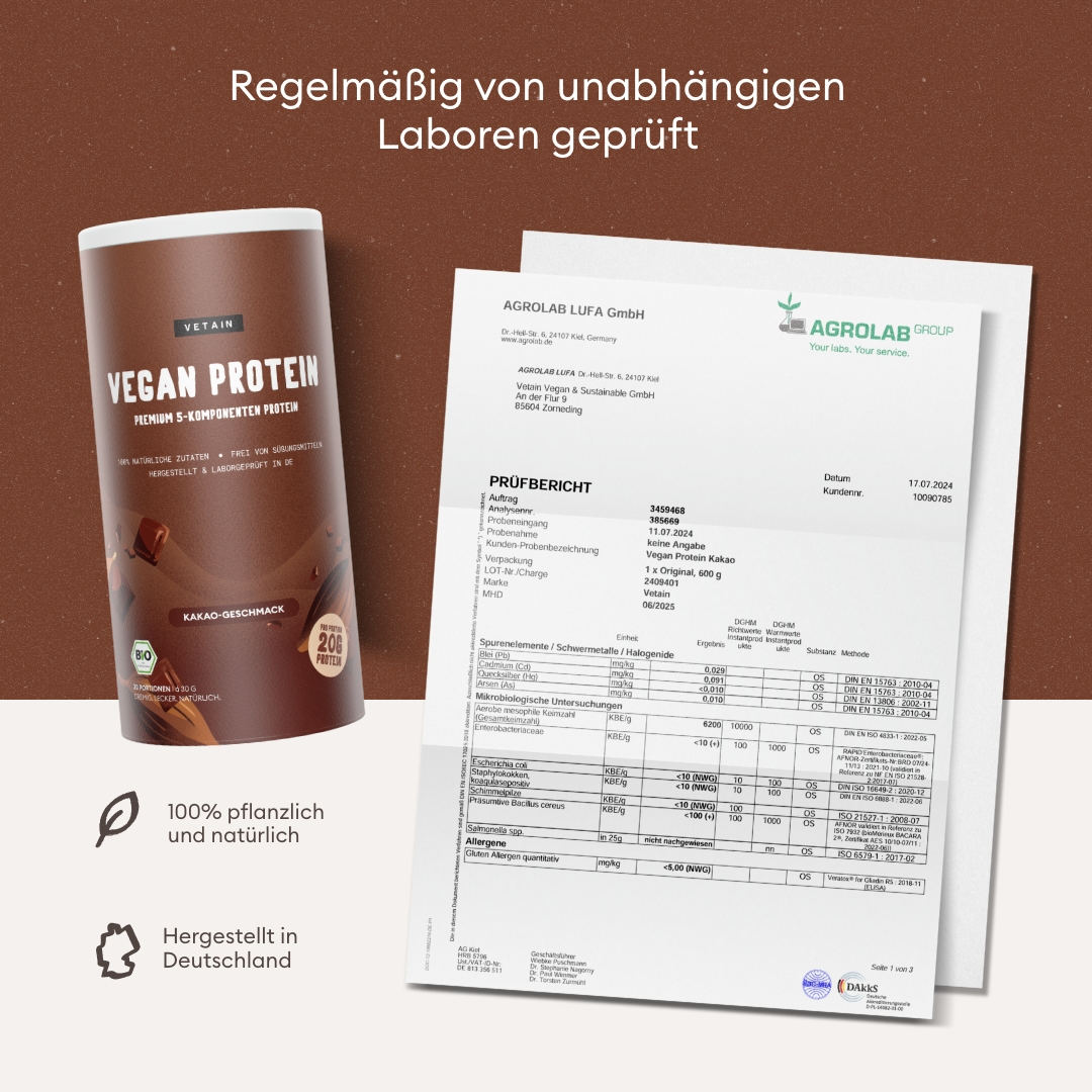 Vetain vegan Protein Kakao-Geschmack laborgeprüft, Laborzertifikat, Hergestellt in Deutschland