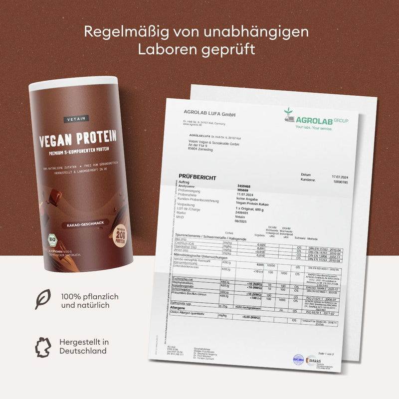 Vetain vegan Protein Kakao-Geschmack laborgeprüft, Laborzertifikat, Hergestellt in Deutschland