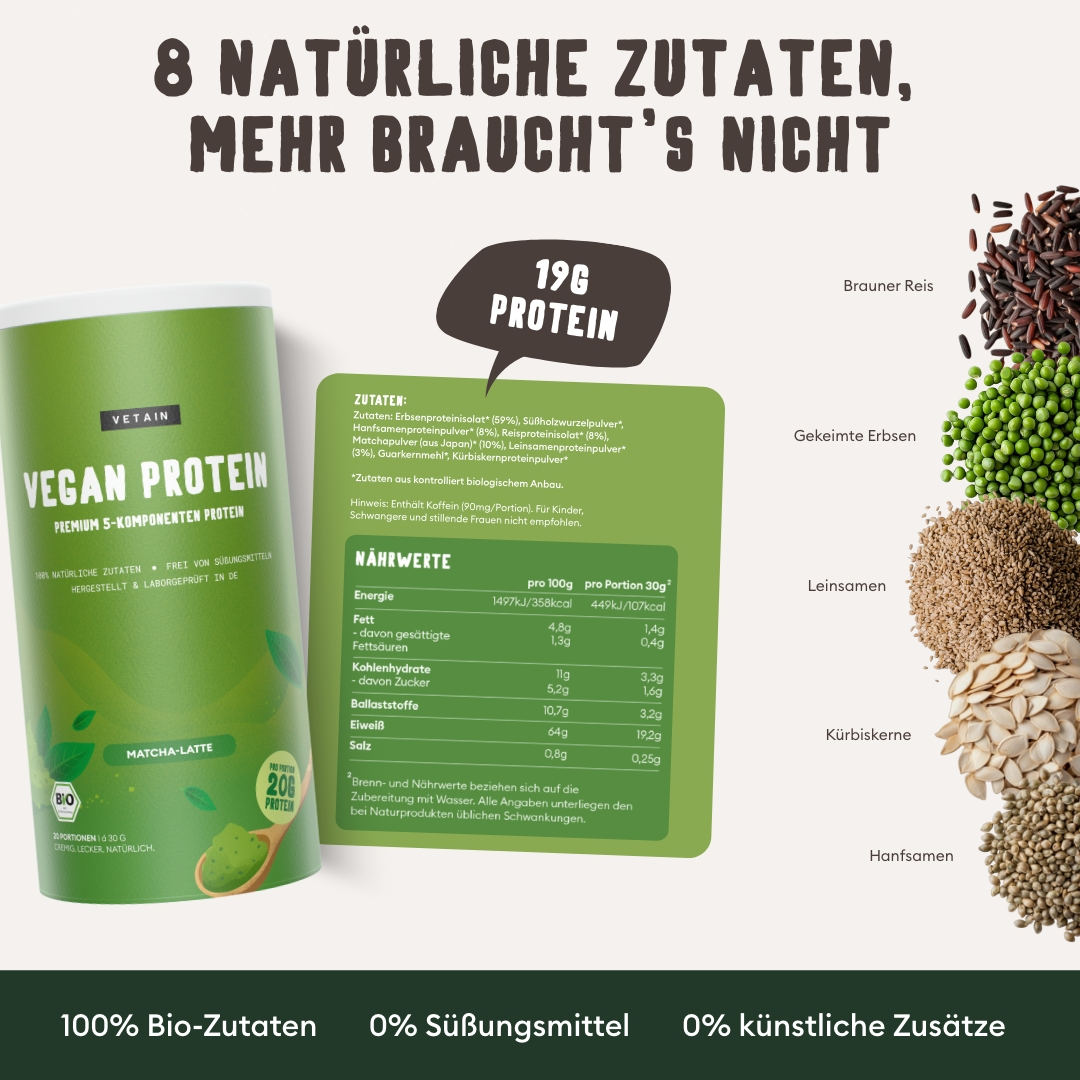 Vetain vegan Protein im Geschmack Matcha mit 8 natürlichen Zutaten, 19g Protein, 100% Bio-Zutaten, 0% Süßungsmittel, 0% künstliche Zusätze, Brauner Resi, Gekeimte Erbsen, Leinsamen, Kürbiskerne und Hanfsamen als 5-Komponenten-Protein