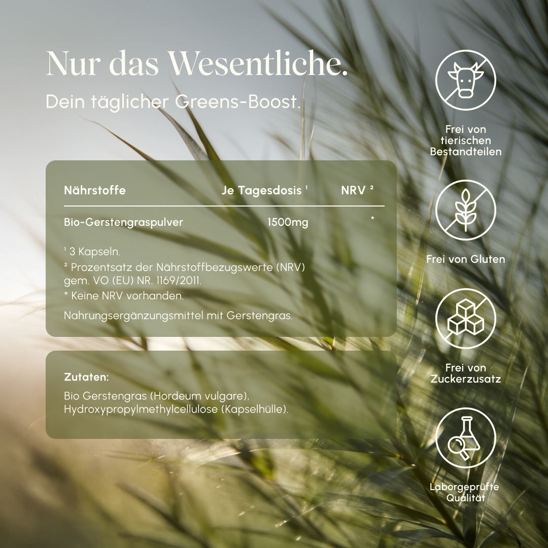 Nutritional information for Vetain Barley Grass: 1500mg organic barley grass powder per daily dose (3 capsules). Ingredients: organic barley grass (Hordeum vulgare), hydroxypropyl methylcellulose (capsule shell). Icons: free from animal components, gluten-free, free from added sugar, laboratory-tested quality. Background: barley grass stalks in backlight.