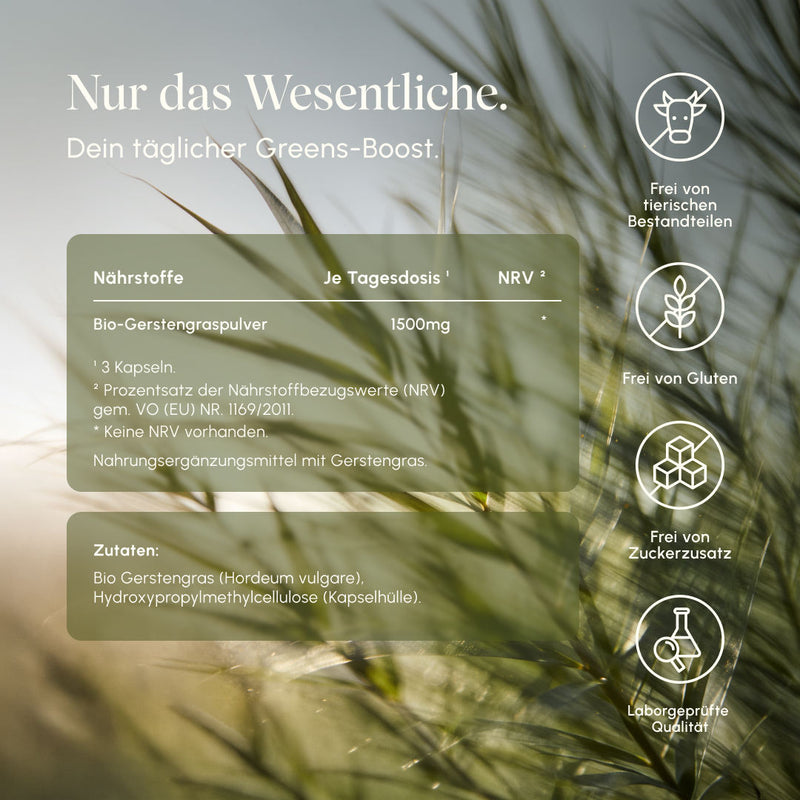 Nutritional information for Vetain Barley Grass: 1500mg organic barley grass powder per daily dose (3 capsules). Ingredients: organic barley grass (Hordeum vulgare), hydroxypropyl methylcellulose (capsule shell). Icons: free from animal components, gluten-free, free from added sugar, laboratory-tested quality. Background: barley grass stalks in backlight.