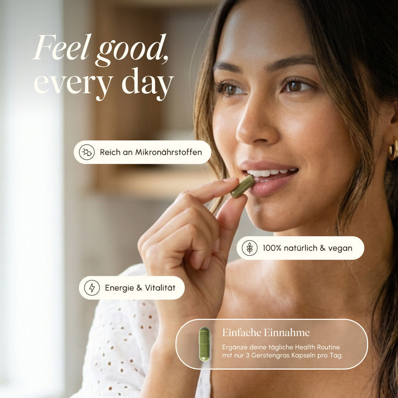 Woman holding a green barley grass capsule to her lips. Text: "Feel good, every day." Product benefit badges: Rich in micronutrients, Energy & Vitality, 100% natural & vegan. Usage note: Add just 3 barley grass capsules a day to your daily health routine.