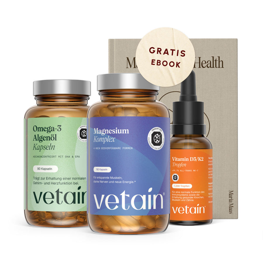 Vetain Daily Essentials Bundle: Omega-3 algae oil capsules, magnesium complex, vitamin D3/K2 drops, and the eBook Master Your Health with a “Free eBook” sticker, on a white background.