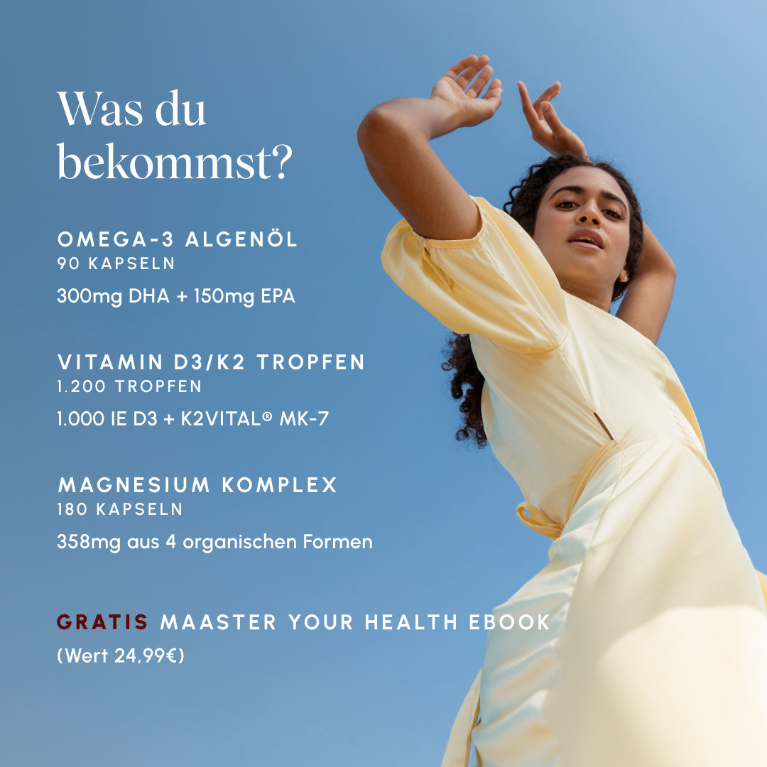 Infographic on a blue background with a dancing woman. Product overview: Omega-3 Algae Oil 90 capsules (300mg DHA + 150mg EPA), Vitamin D3/K2 Drops 1,200 drops (1,000 IU D3 + K2VITAL® MK-7), Magnesium Complex 180 capsules (358mg from 4 organic forms), free Master Your Health eBook (value €24.99)