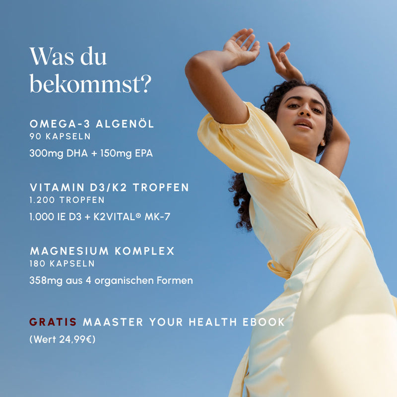Infographic on a blue background with a dancing woman. Product overview: Omega-3 Algae Oil 90 capsules (300mg DHA + 150mg EPA), Vitamin D3/K2 Drops 1,200 drops (1,000 IU D3 + K2VITAL® MK-7), Magnesium Complex 180 capsules (358mg from 4 organic forms), free Master Your Health eBook (value €24.99)