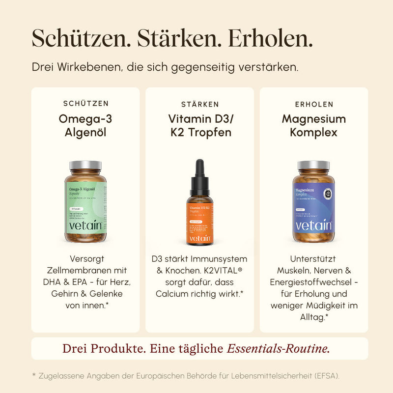 Three-column infographic "Protect. Strengthen. Recover." with one Vetain product each: Omega-3 Algae Oil (Protect – for cell membranes, heart, brain & joints), Vitamin D3/K2 Drops (Strengthen – immune system & bones), Magnesium Complex (Recover – muscles, nerves & energy metabolism). Subtitle: "Three products. One daily essentials routine."
