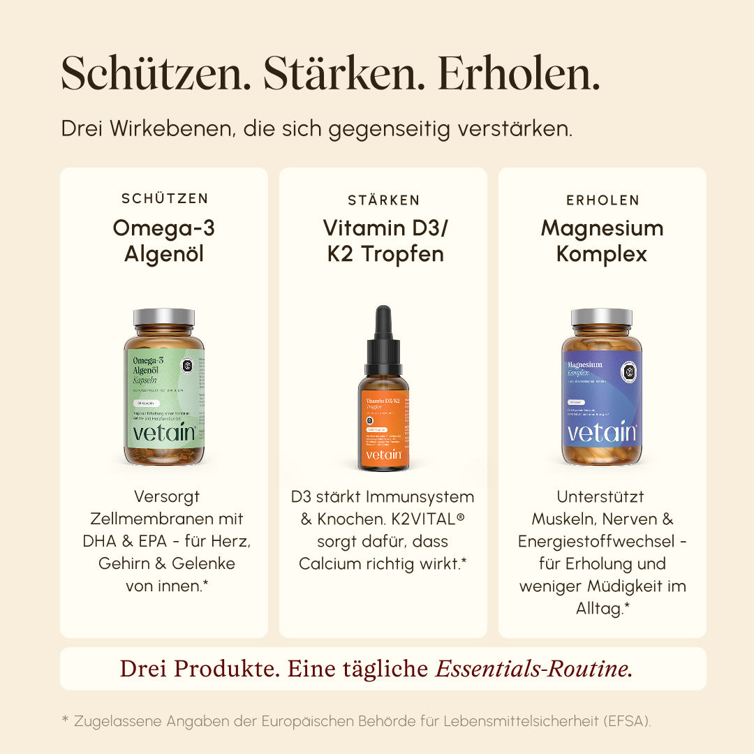Vetain Daily Essentials Routine mit drei Produkten: Omega-3 Algenöl Kapseln, Vitamin D3/K2 Tropfen und Magnesium Komplex. Überschrift „Schützen. Stärken. Erholen.“ Drei Produkte, eine tägliche Essentials-Routine.